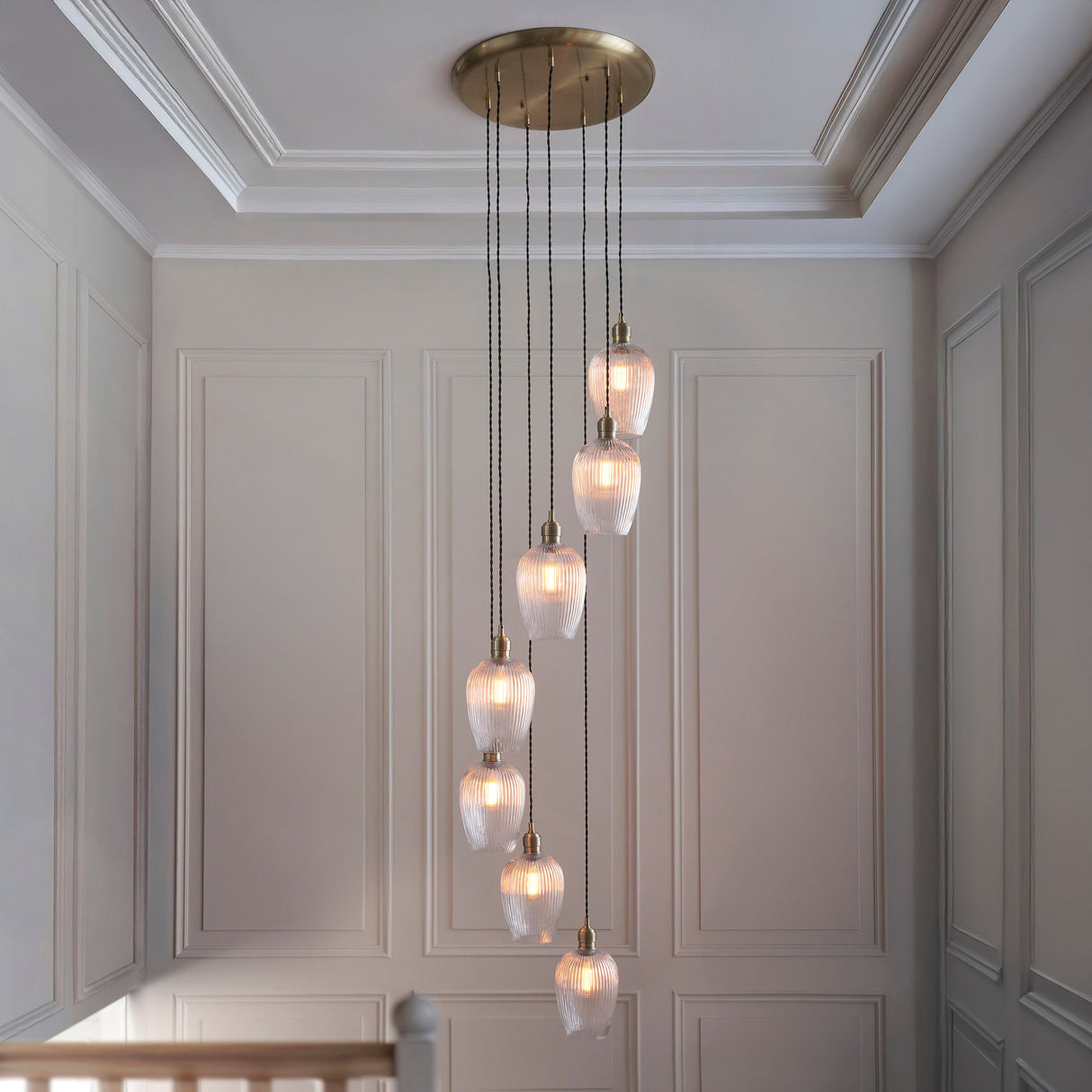 Fennhollow Ribbed Cascade 7 Light Pendant - Antique Brass Clear