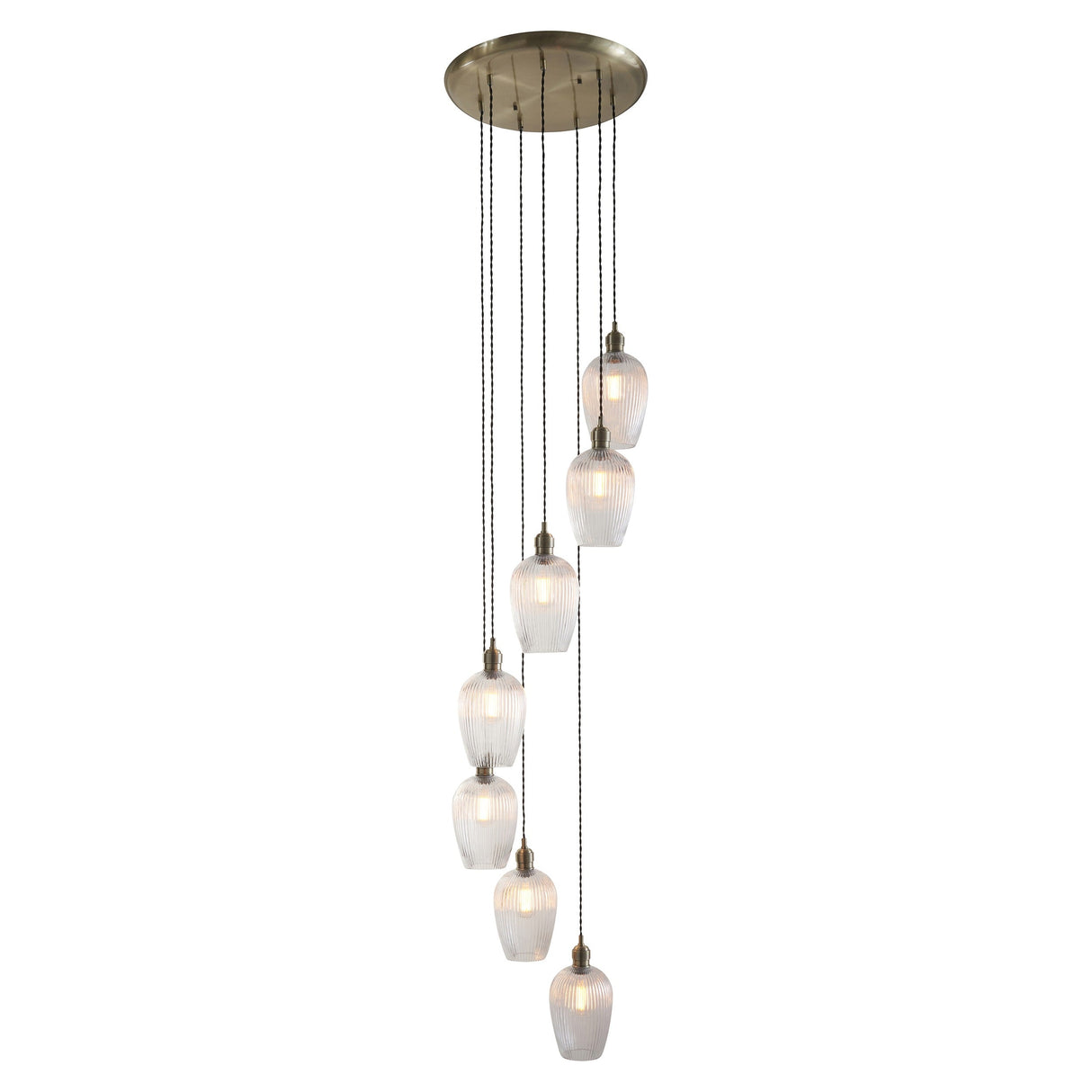 Fennhollow Ribbed Cascade 7 Light Pendant - Antique Brass Clear