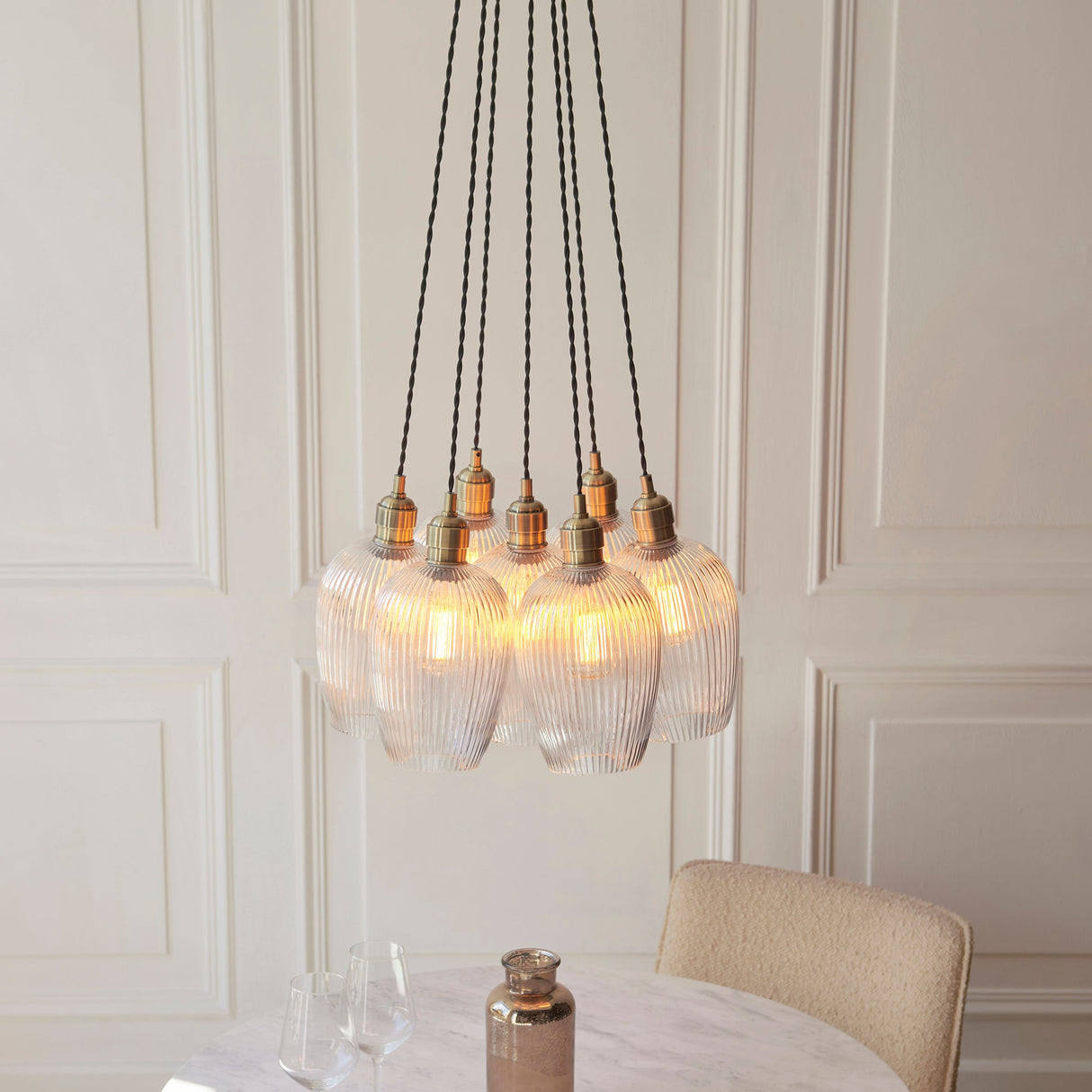 Fennhollow Ribbed Cluster 7 Light Pendant - Antique Brass Clear