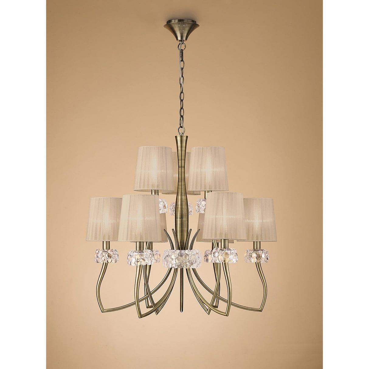 Loewe 75cm 2 Tier 9 Light Chandelier - Brass With Bronze Shades