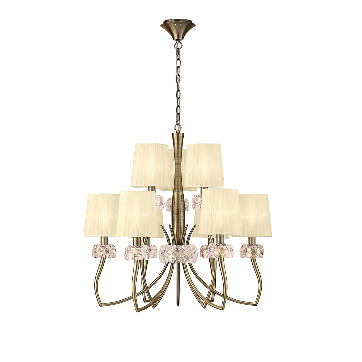 Loewe 75cm 2 Tier 9 Light Chandelier - Brass With Cream Shades