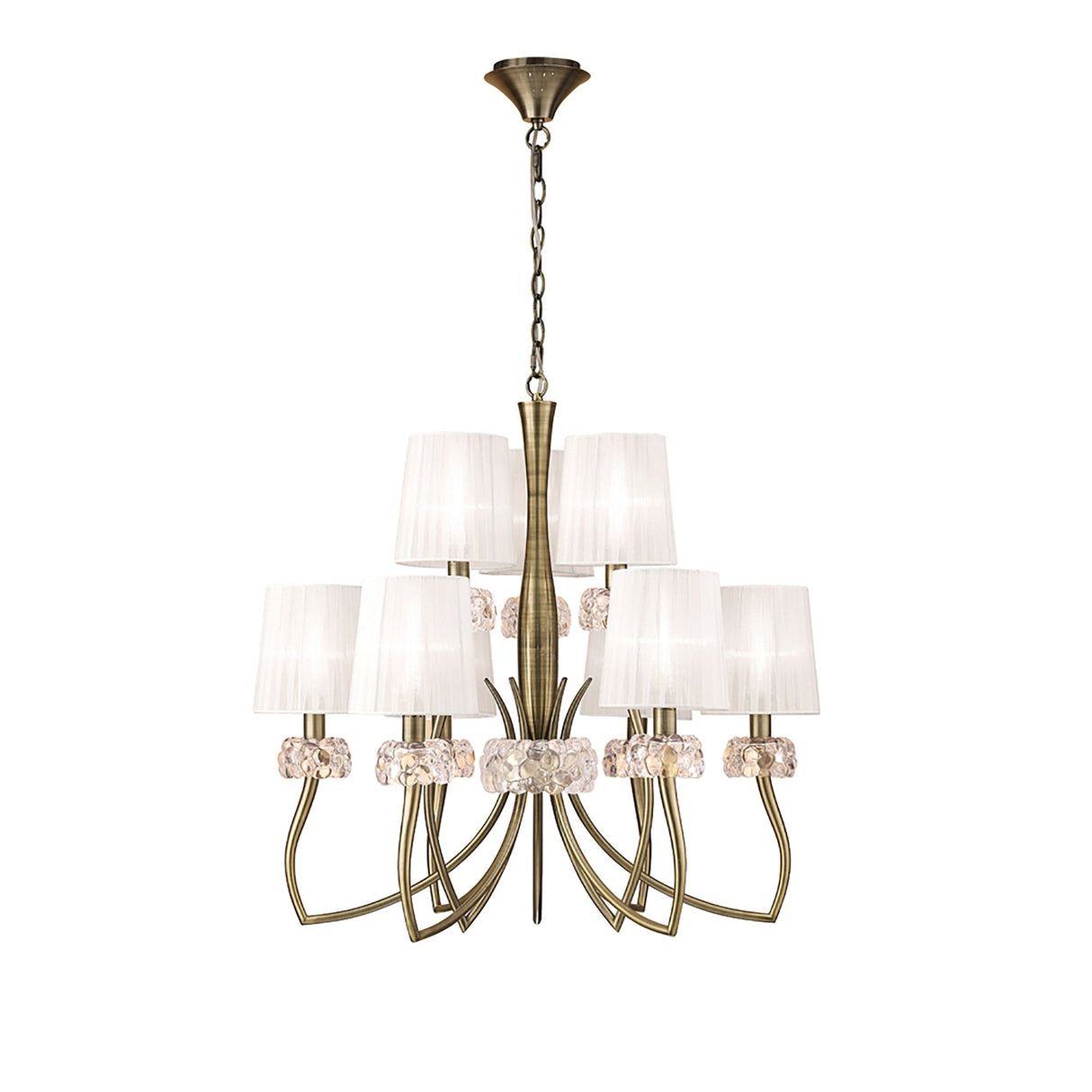 Loewe 75cm 2 Tier 9 Light Chandelier - Brass With White Shades