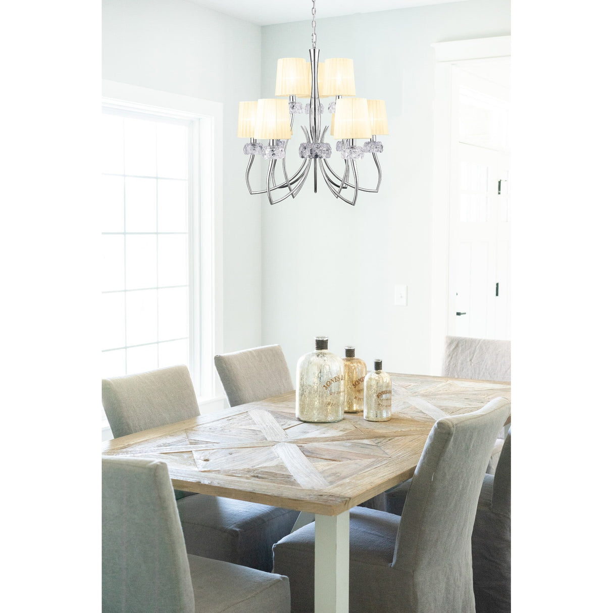 Loewe 2 Tier 9 Light Chandelier - Polished Chrome With White Shades
