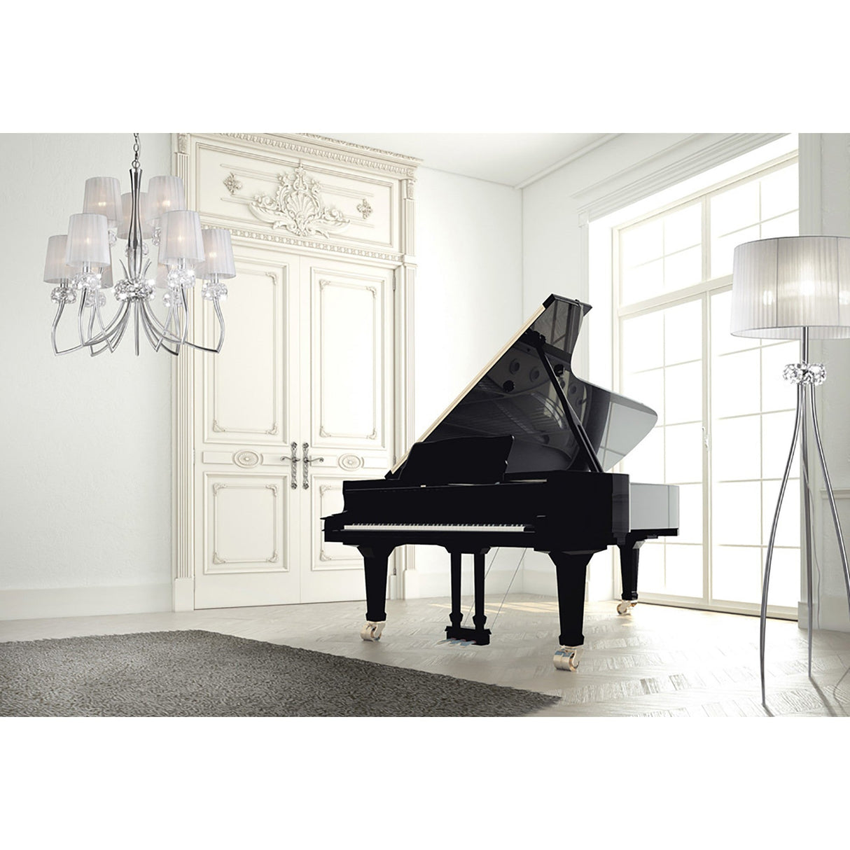 Loewe 2 Tier 9 Light Chandelier - Polished Chrome With White Shades