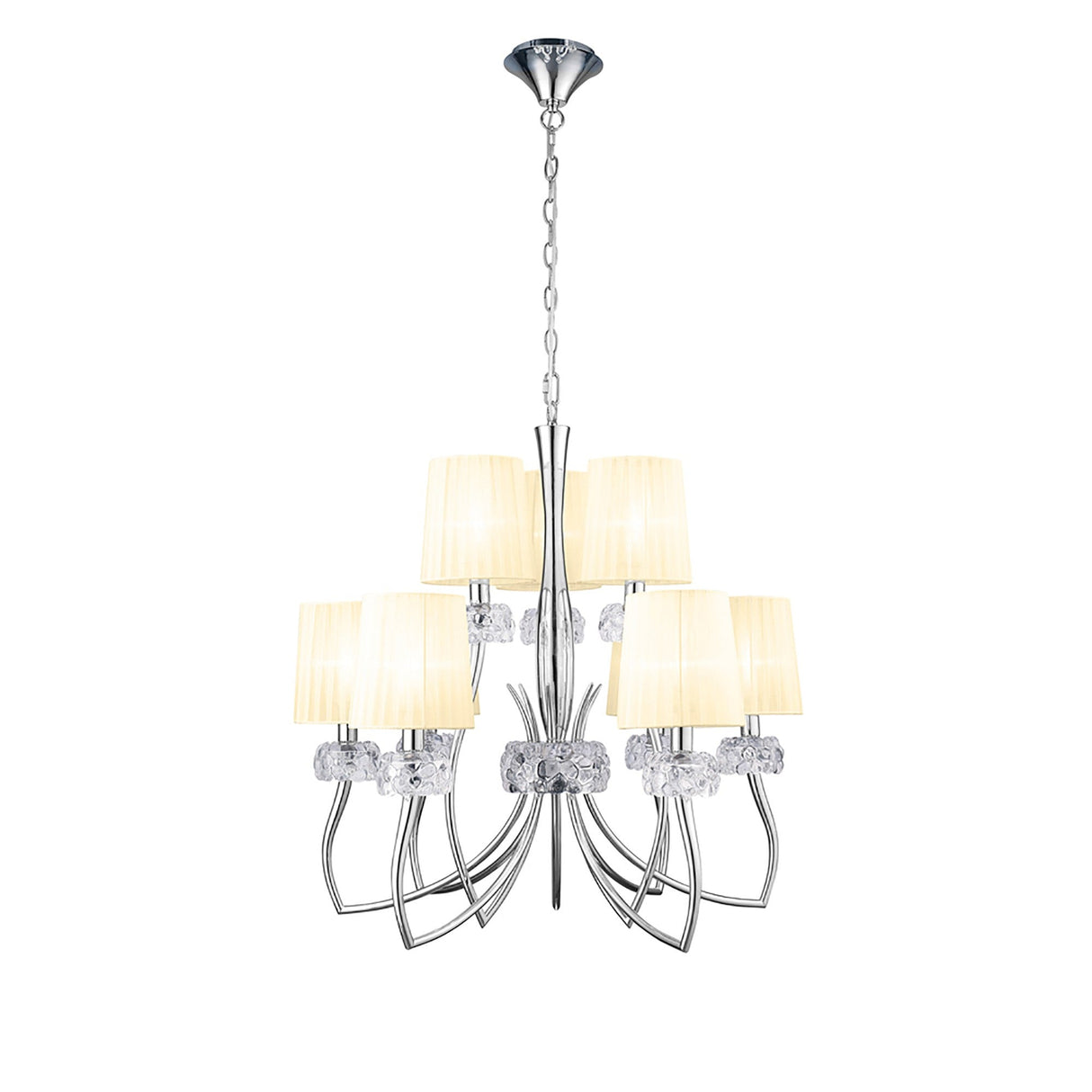 Loewe 2 Tier 9 Light Chandelier - Polished Chrome With Cream Shades