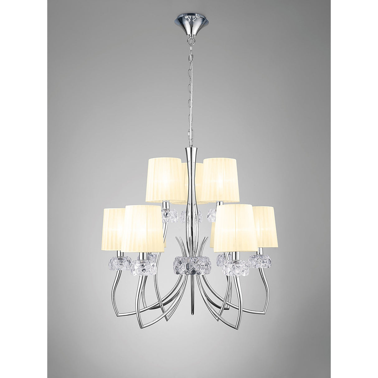 Loewe 2 Tier 9 Light Chandelier - Polished Chrome With Cream Shades