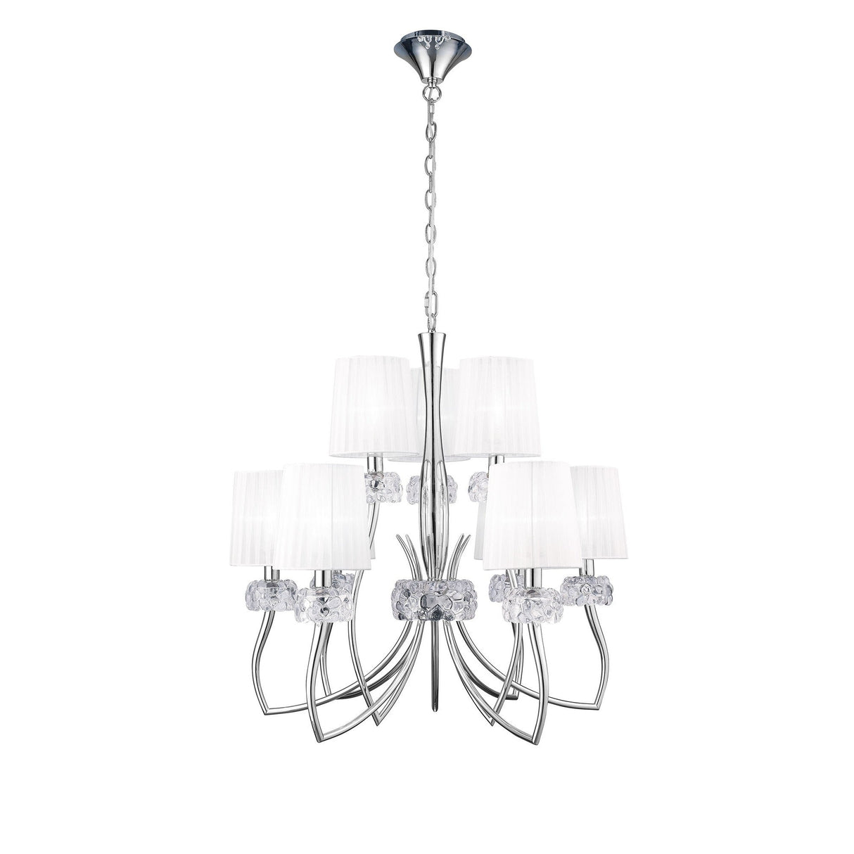 Loewe 2 Tier 9 Light Chandelier - Polished Chrome With White Shades