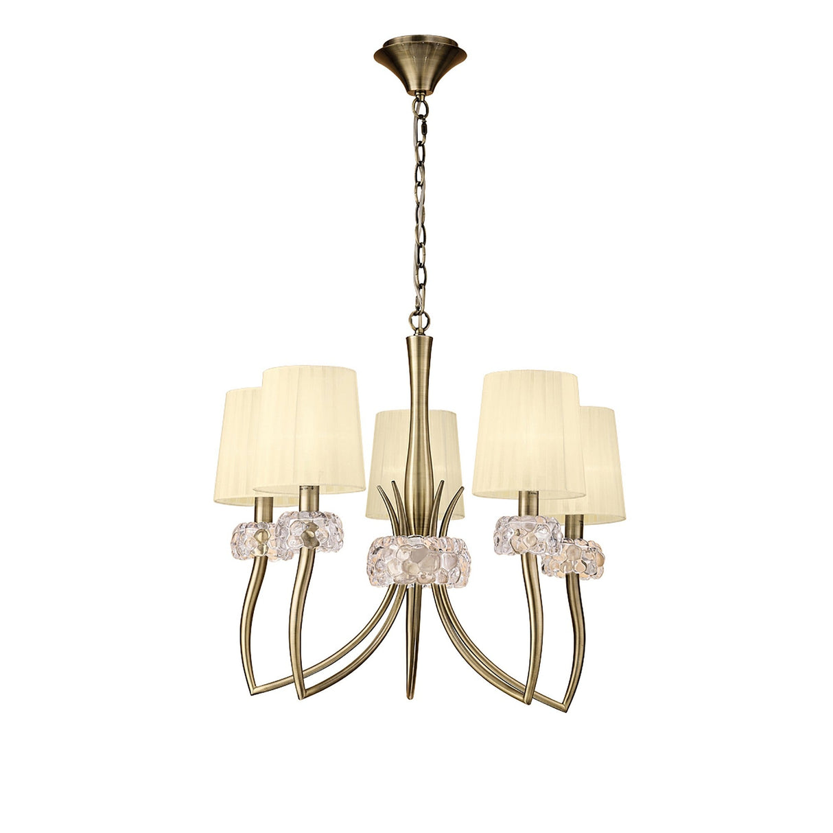 Loewe 66cm 5 Light Chandelier - Antique Brass With Cream Shades