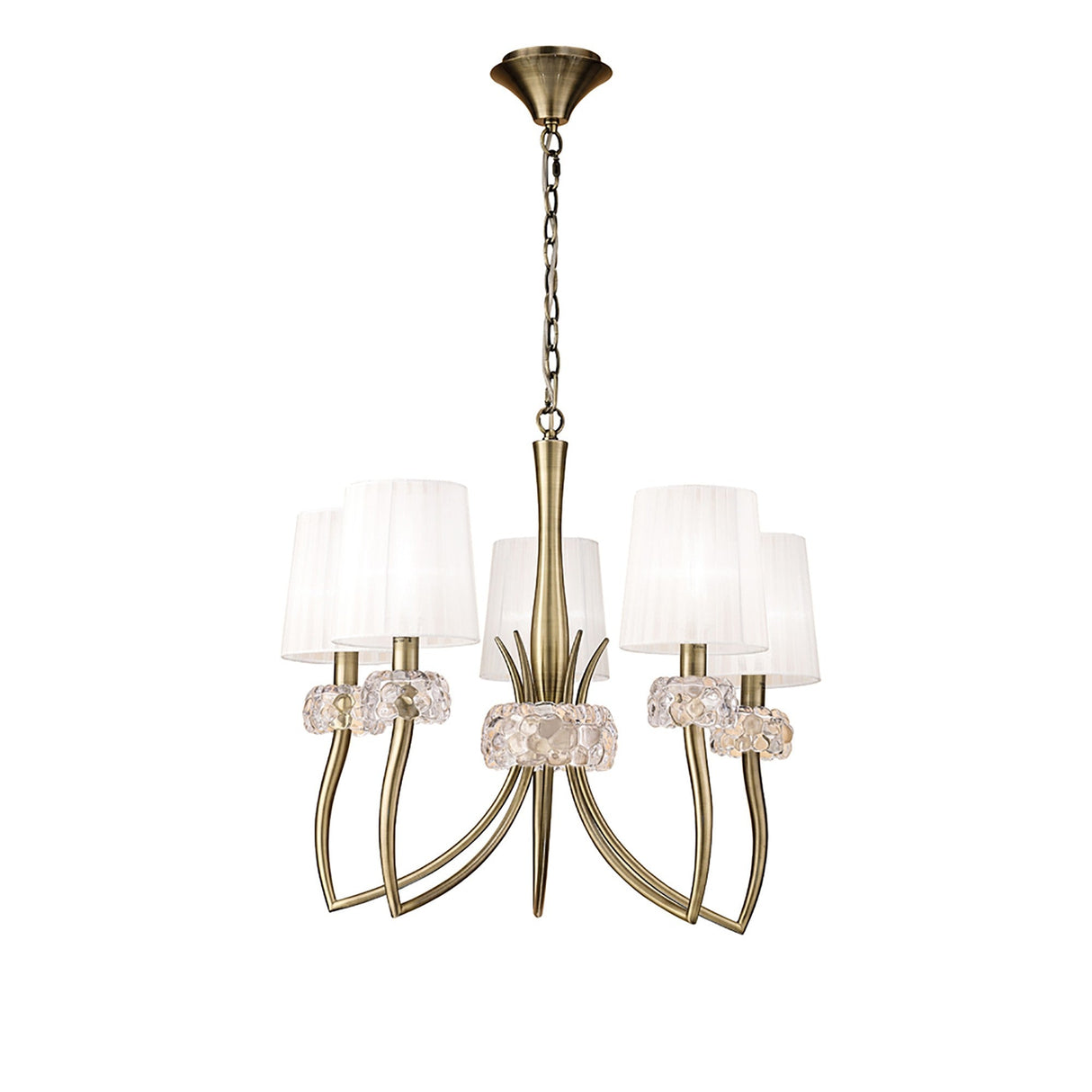 Loewe 66cm 5 Light Chandelier - Antique Brass With White Shades