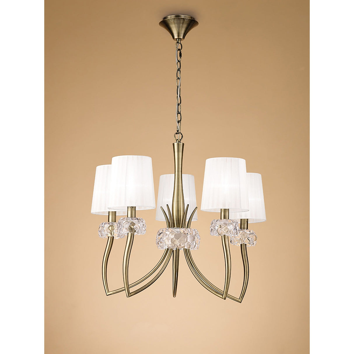 Loewe 66cm 5 Light Chandelier - Antique Brass With White Shades