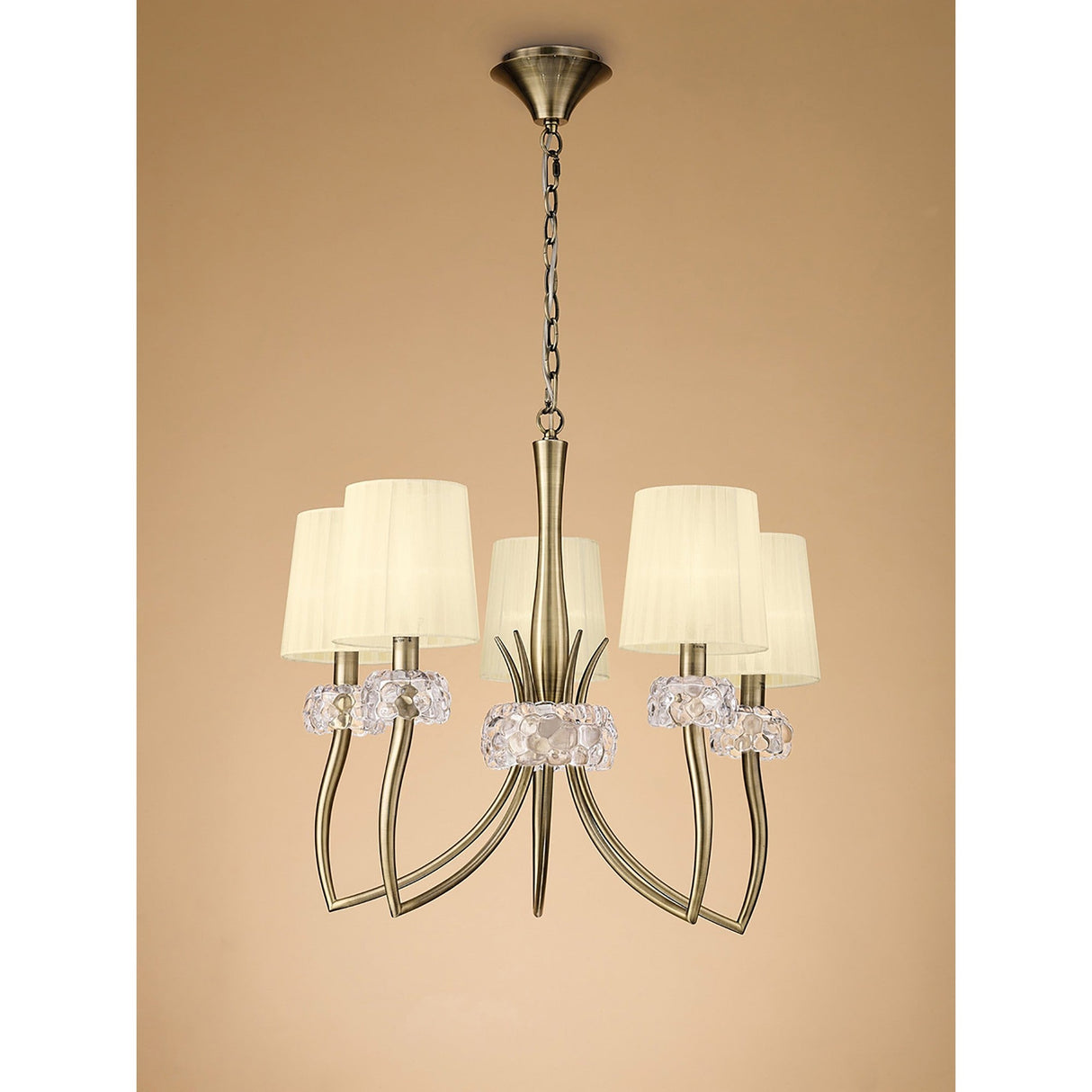 Loewe 66cm 5 Light Chandelier - Antique Brass With Cream Shades