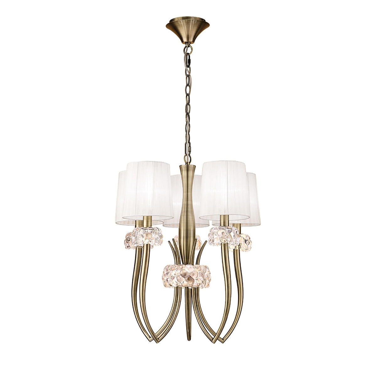 Loewe 50cm Slim 5 Light Chandelier - Antique Brass With White Shades