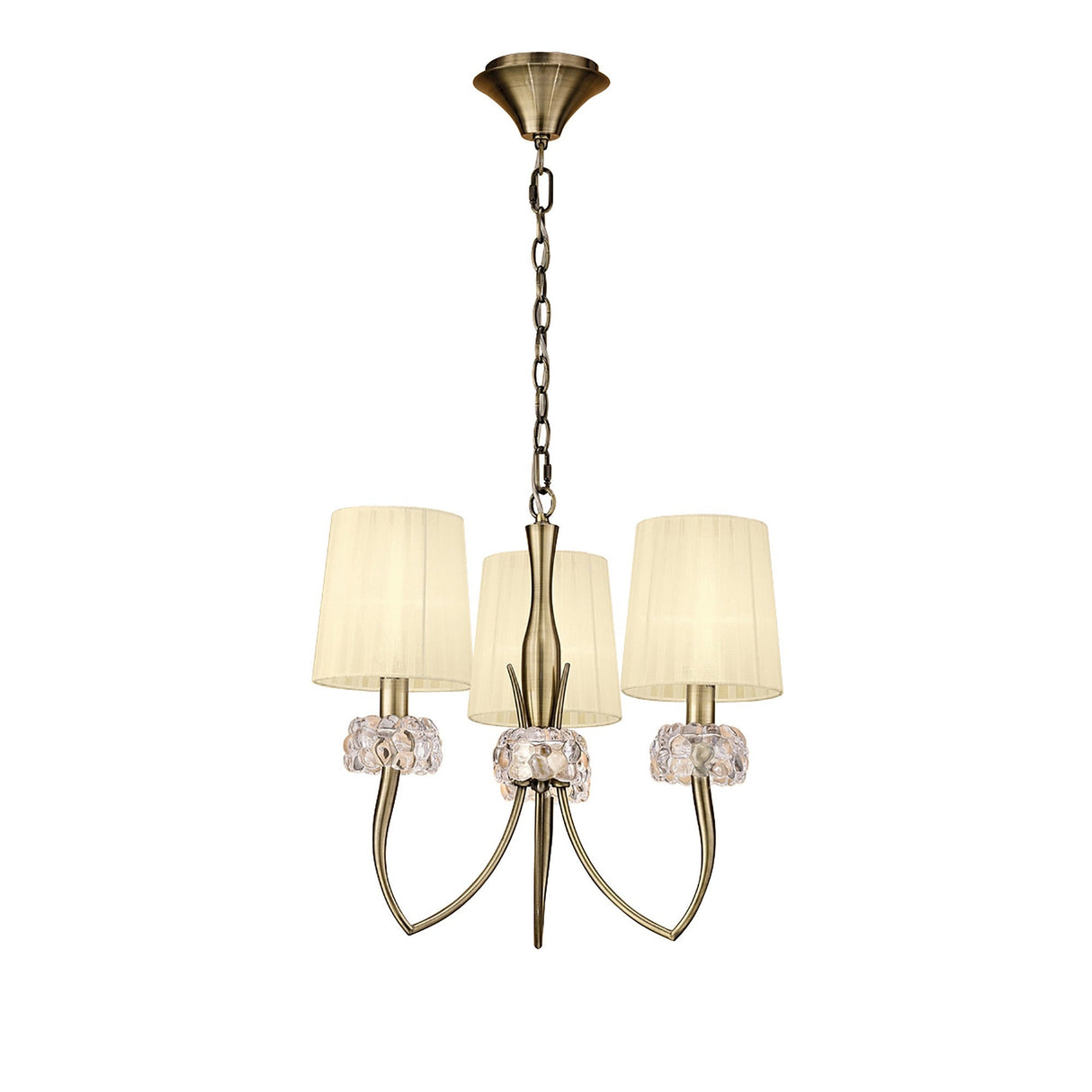 Loewe 50cm 3 Light Chandelier - Antique Brass With Cream Shades