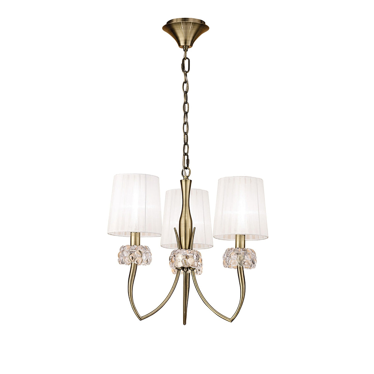 Loewe 50cm 3 Light Chandelier - Antique Brass With White Shades