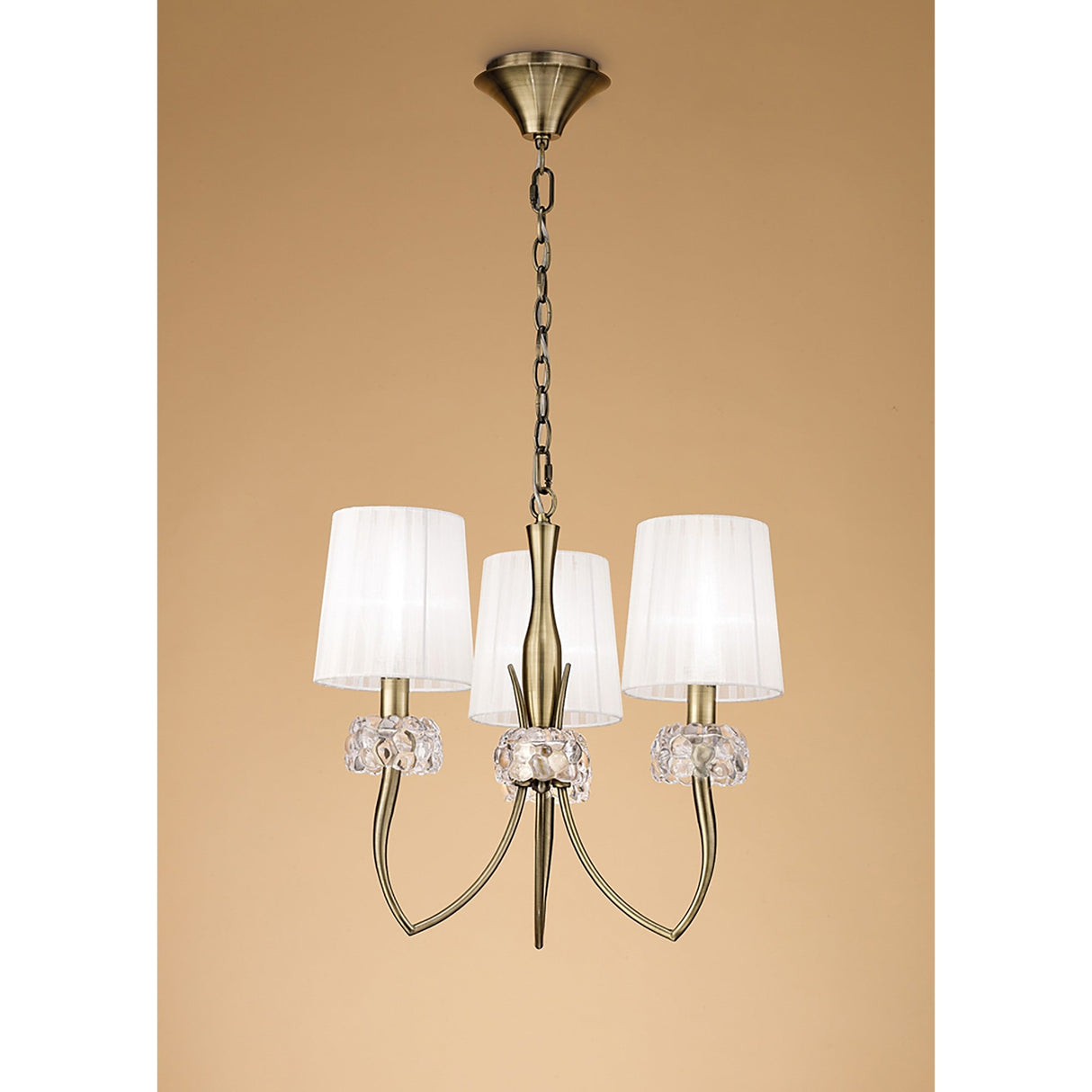 Loewe 50cm 3 Light Chandelier - Antique Brass With White Shades