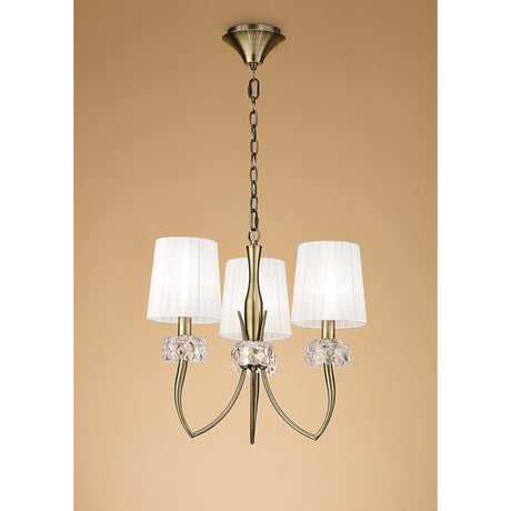Loewe 50cm 3 Light Chandelier - Antique Brass With White Shades