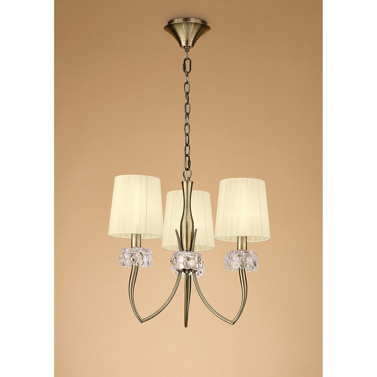 Loewe 50cm 3 Light Chandelier - Antique Brass With Cream Shades