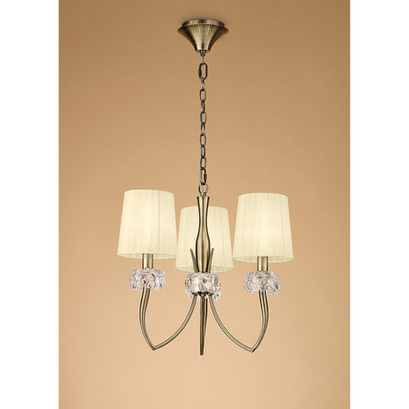 Loewe 50cm 3 Light Chandelier - Antique Brass With Cream Shades