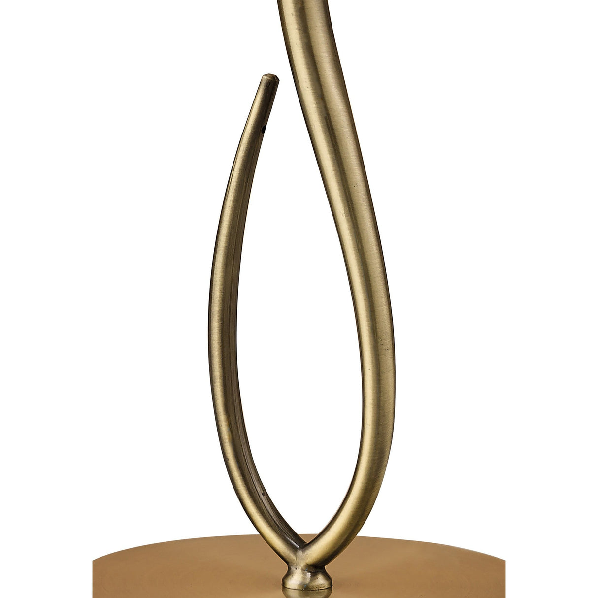 Close-up of the Loewe Small 1 Light Table Lamp in antique brass with a bronze shade, featuring two intertwined gold-toned rods on a round base, ideal for ambient lighting against a white background.