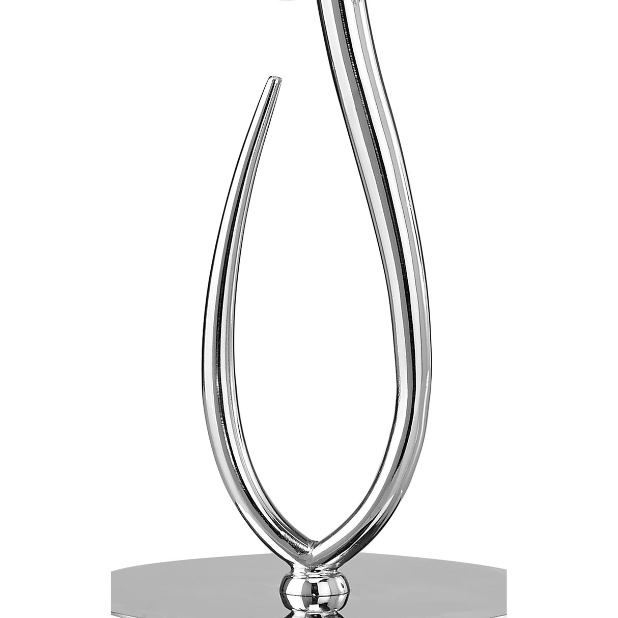 The Loewe Small 1 Light Table Lamp features a polished chrome base with sleek, curved lines and a white shade, offering a modern, symmetrical design reminiscent of an elegant sculpture.