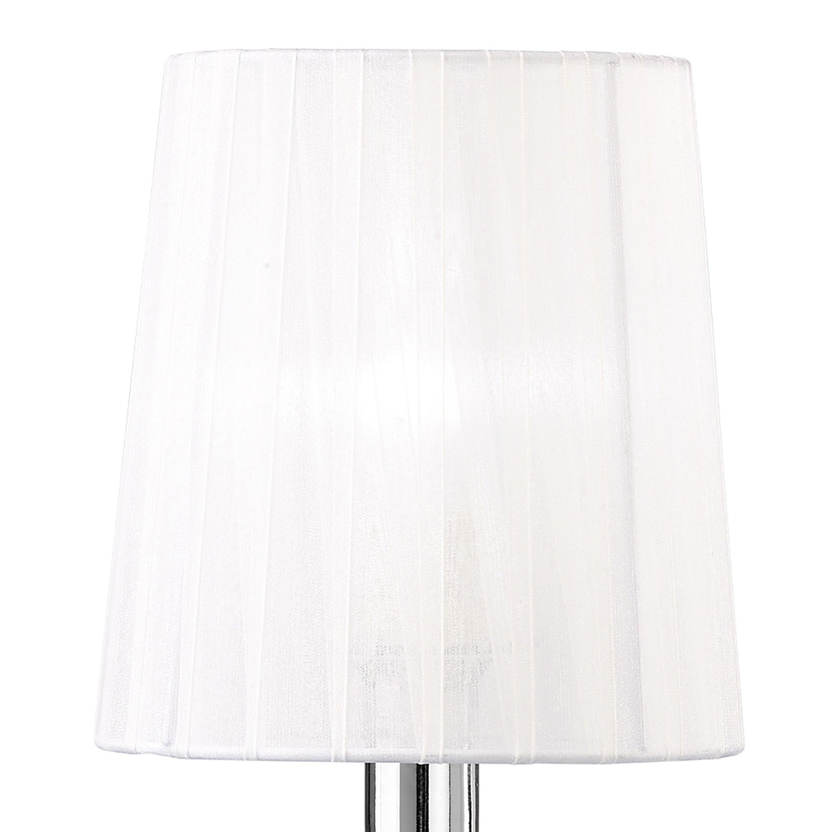 The Loewe Small 1 Light Table Lamp features a polished chrome base and a white pleated shade, displayed against a plain white background.