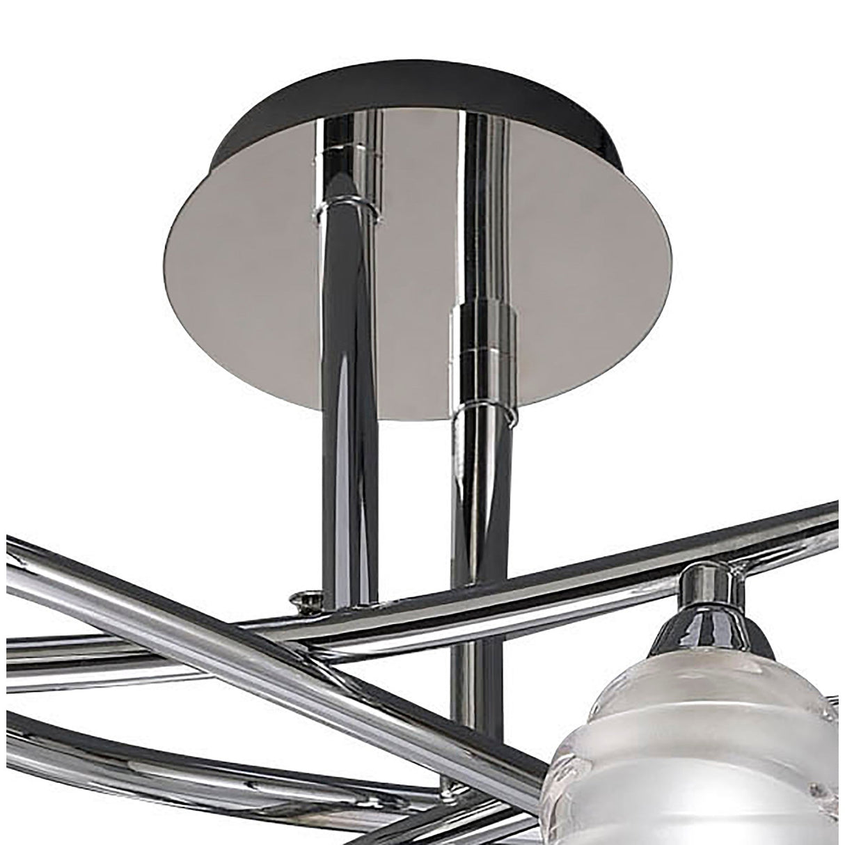Close-up of the Mantra Loop 4 Light Semi-Flush Ceiling Light in polished chrome, showing the circular ceiling plate, twin stems and interwoven curved arms.