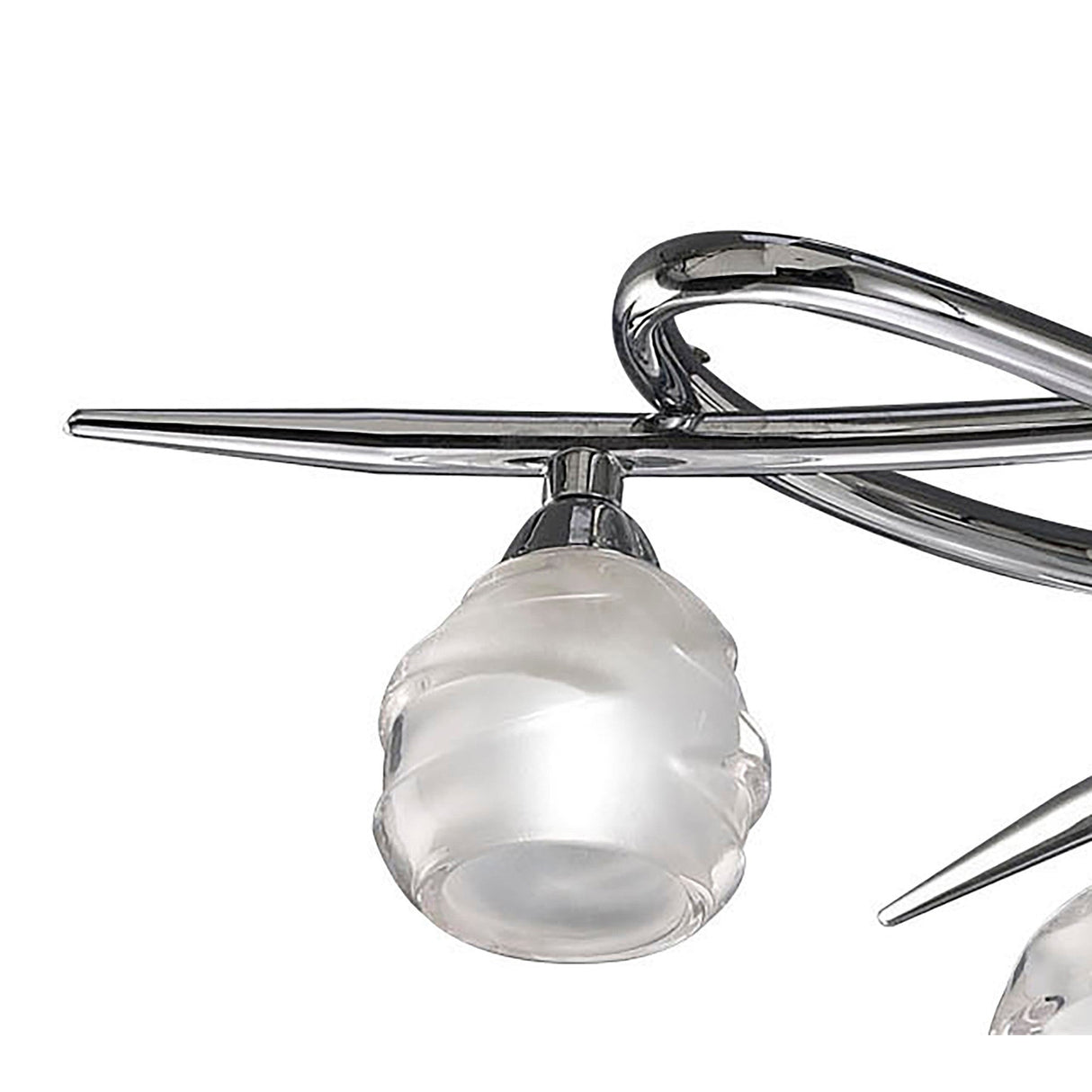 Close-up of one frosted and clear glass globe shade on the Mantra Loop 4 Light Semi-Flush Ceiling Light, showing interwoven polished chrome arms.