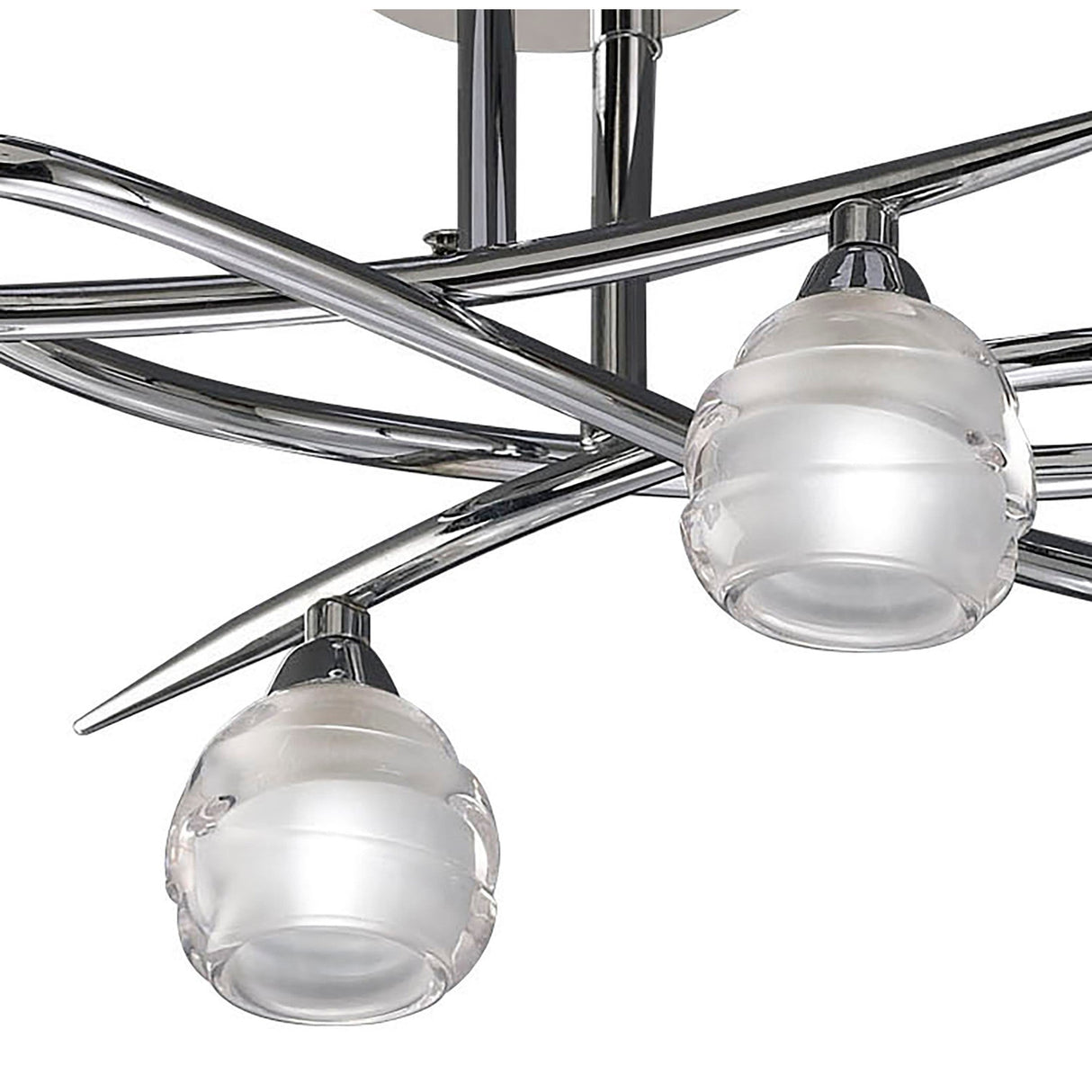 Close-up of Mantra Loop semi-flush ceiling light showing polished chrome interwoven arms with frosted and clear glass globe shades.