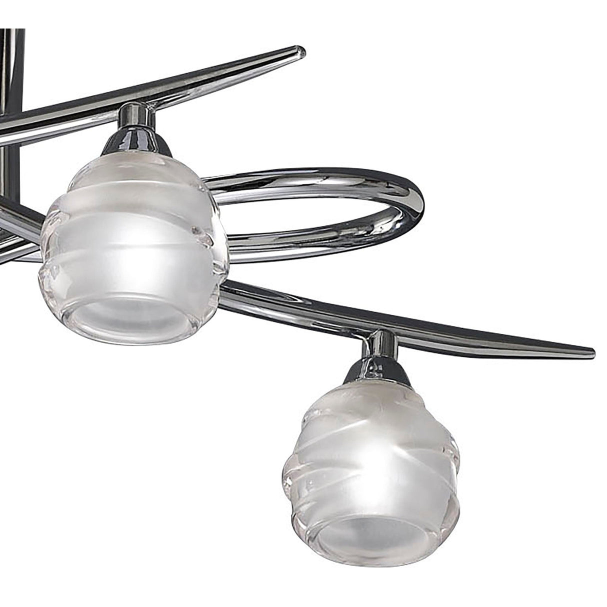 Close-up of Mantra Loop semi-flush ceiling light showing polished chrome looped arms and frosted clear glass globe shades with G9 fittings.
