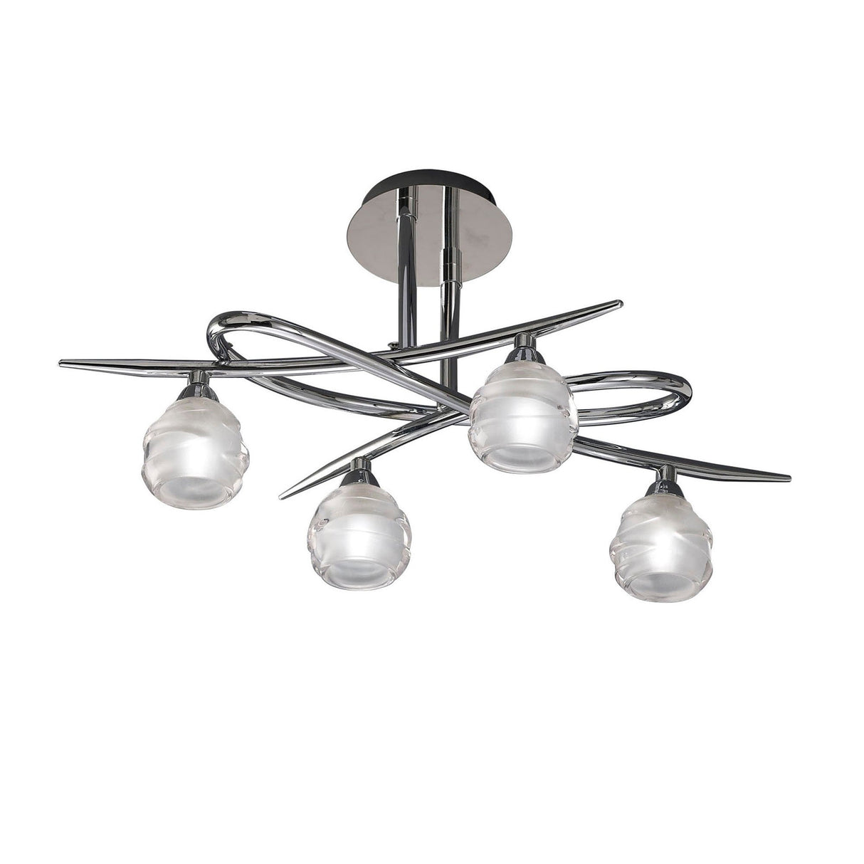 Mantra Loop 4 light semi-flush ceiling light with interwoven polished chrome arms and frosted clear glass globes, on a white background.