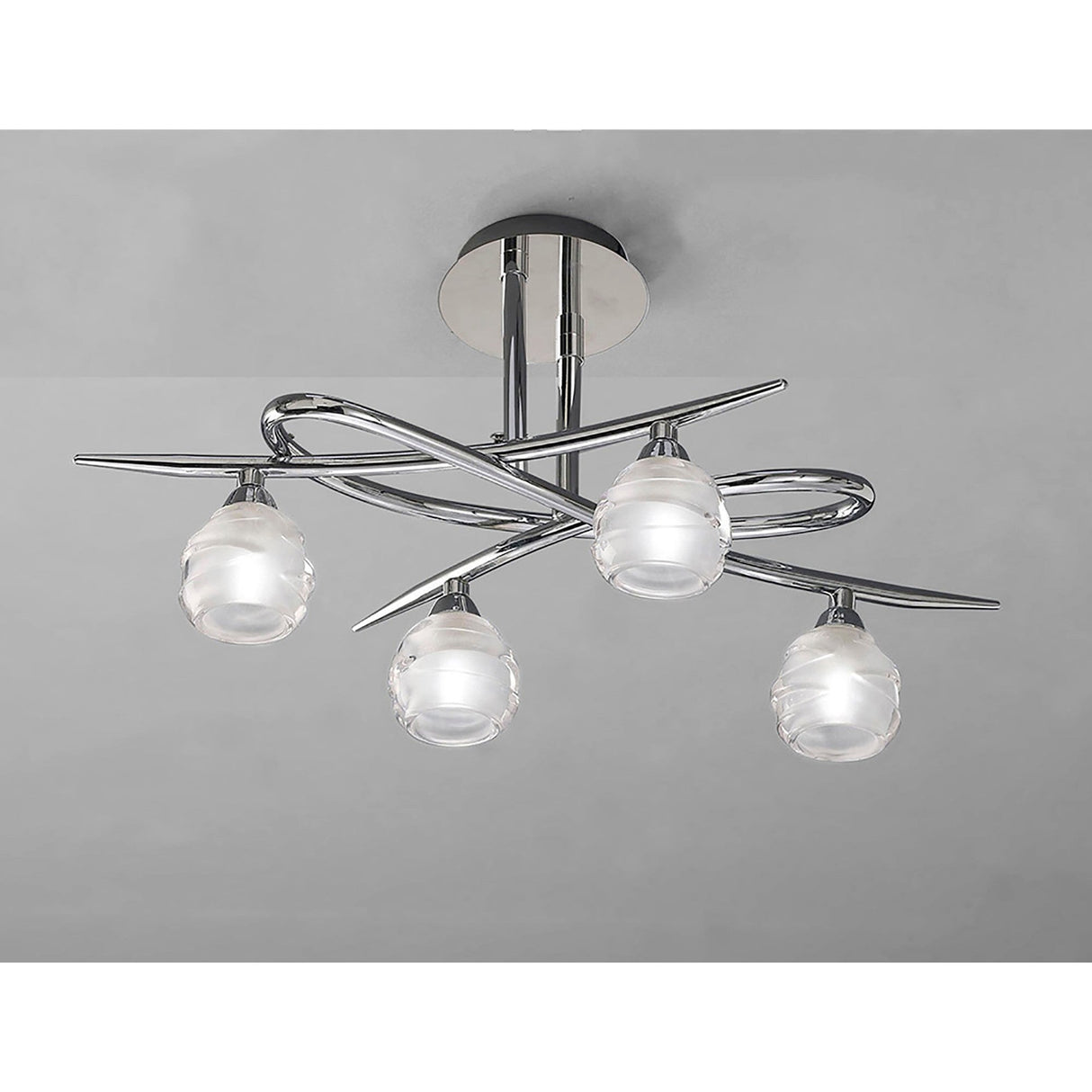 Mantra Loop 4 light semi-flush ceiling light with interwoven polished chrome arms and frosted clear glass globes, shown against a light grey background.