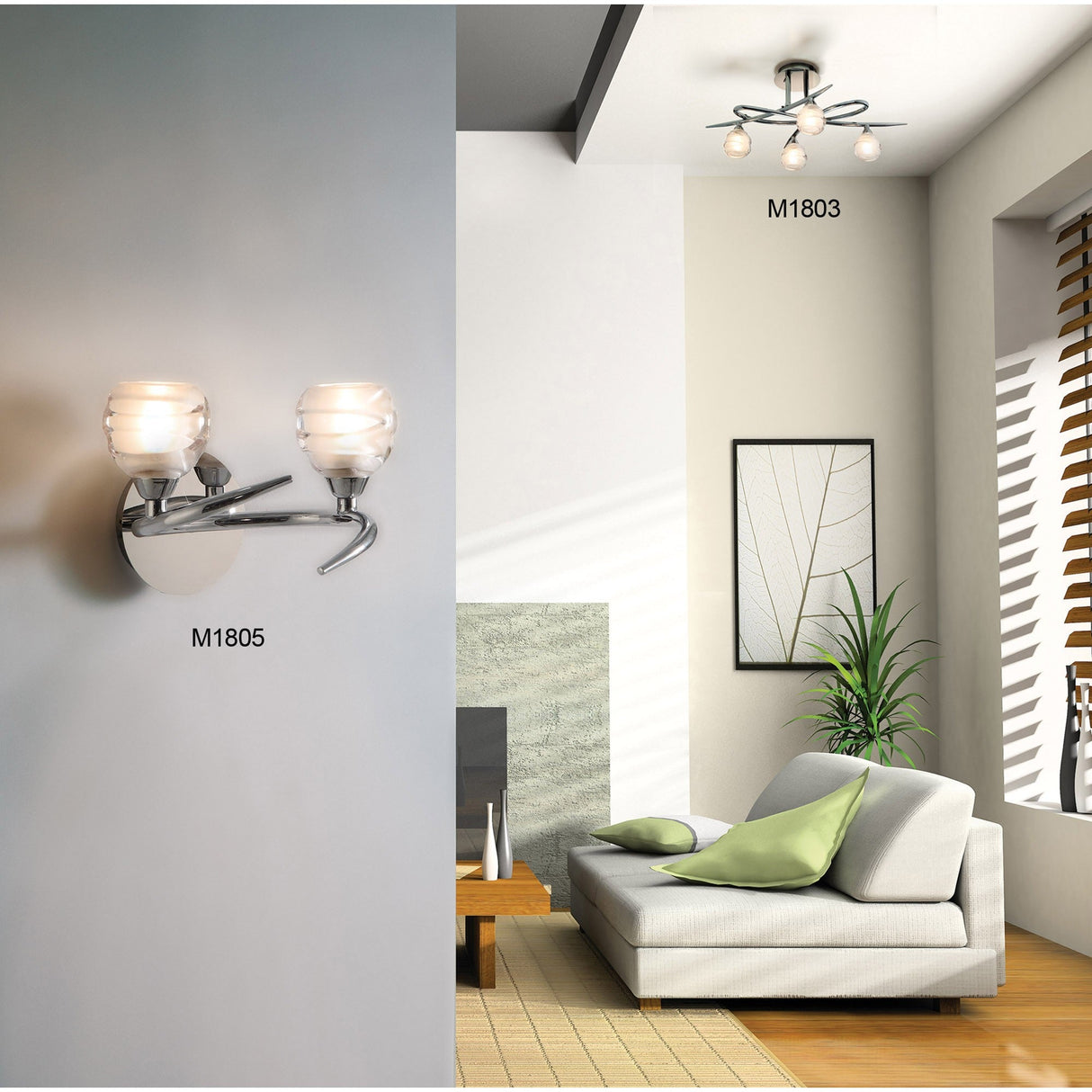 Mantra Loop 4 light semi-flush ceiling light in polished chrome with frosted glass globes, shown above a sofa beside a wall sconce in a modern living room.