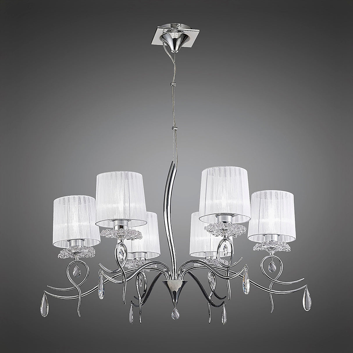 Louise 88cm 6 Light Crystal Chandelier - Chrome With White Shades