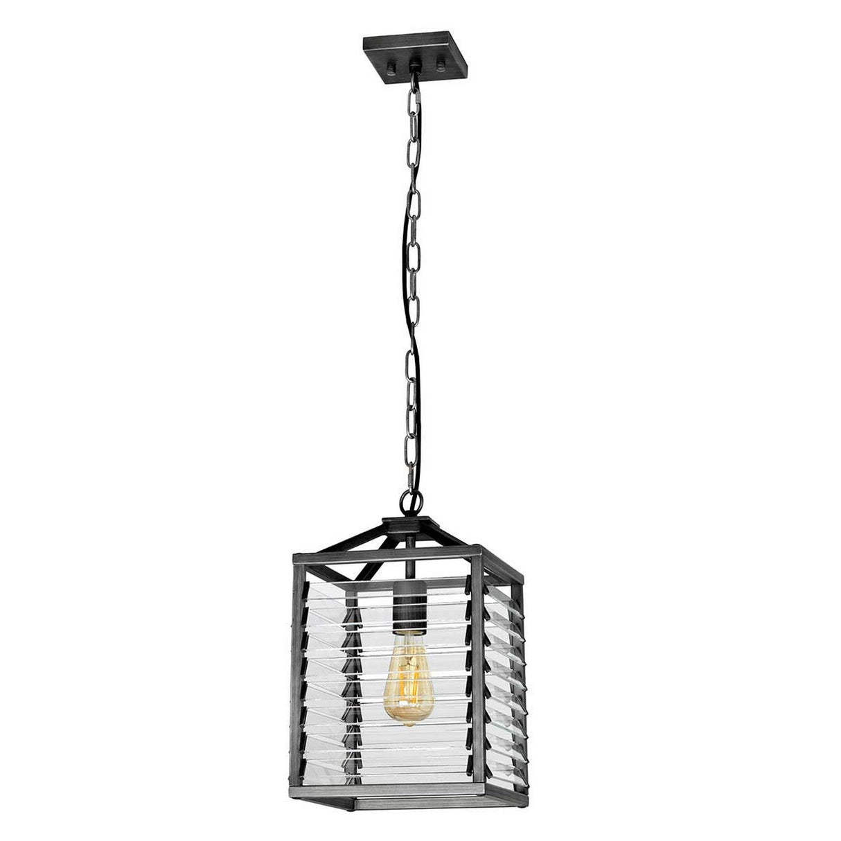 The Louvre 1 Light Pendant - Graphite exudes vintage charm with its black metal frame and clear glass panels, showcasing an exposed bulb. This industrial design fixture is elegantly suspended by a black chain.