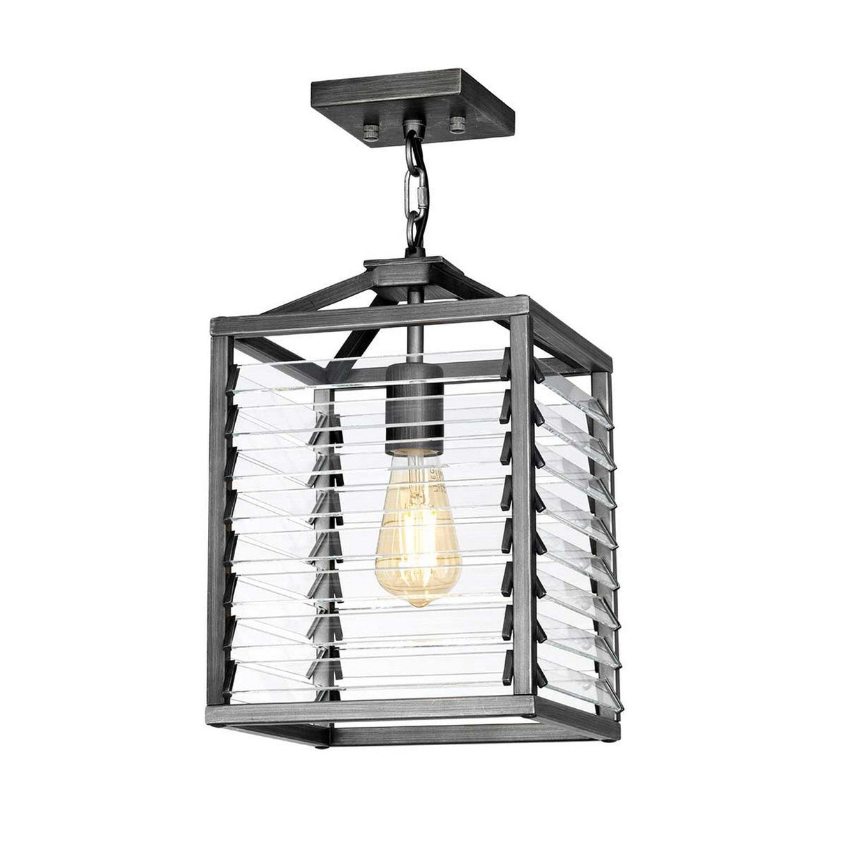 The Louvre 1 Light Pendant - Graphite exudes vintage charm with its sleek, industrial style, boasting a square black metal frame and horizontal glass panels that encase an exposed bulb. This modern piece hangs elegantly from a short chain, bringing character to any space.