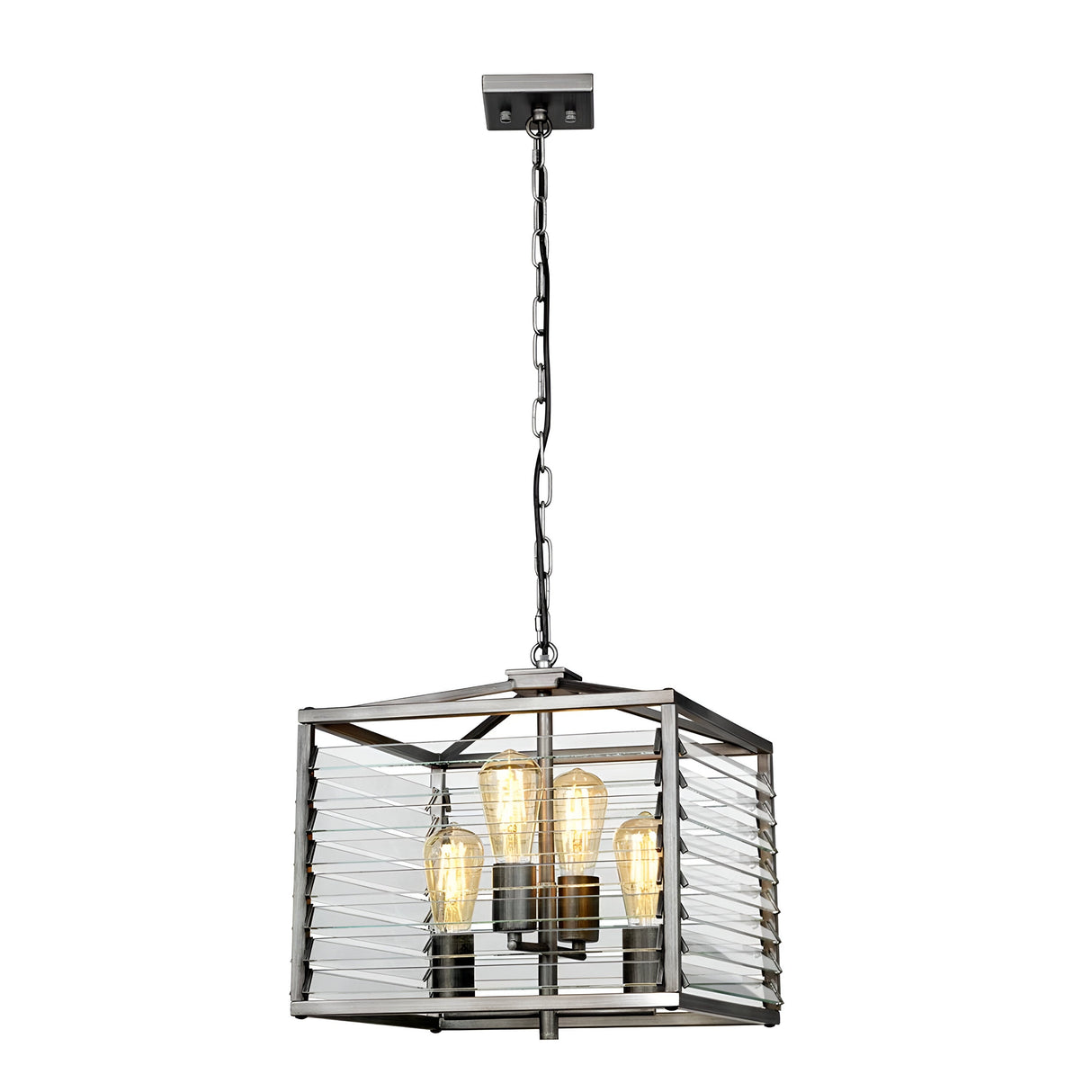 The Louvre 4 Light Chandelier - Graphite showcases a modern industrial style, highlighted by its sleek cage-like metal frame with a refined graphite finish. Four exposed Edison-style bulbs dangle gracefully from a chain attached to a square ceiling mount, forming an eye-catching focal point.