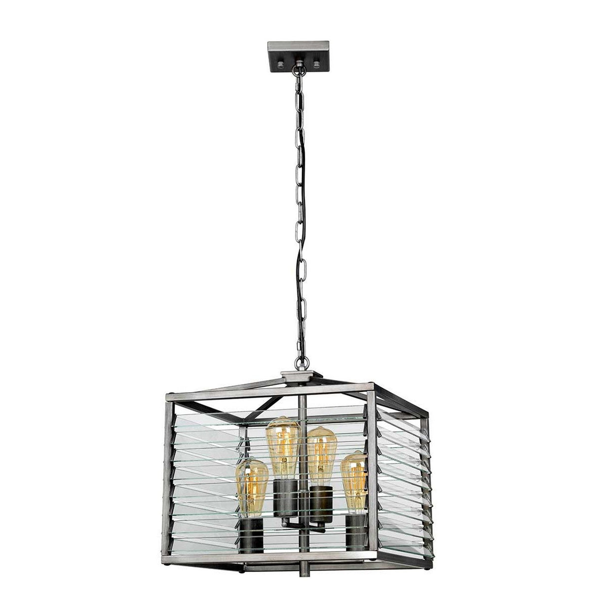 Presenting the Louvre 4 Light Chandelier - Graphite, a modern industrial design masterpiece. This eye-catching pendant boasts a rectangular slatted metal frame with a chic graphite finish and showcases four vintage-style bulbs, elegantly suspended from a chain to enhance any space.