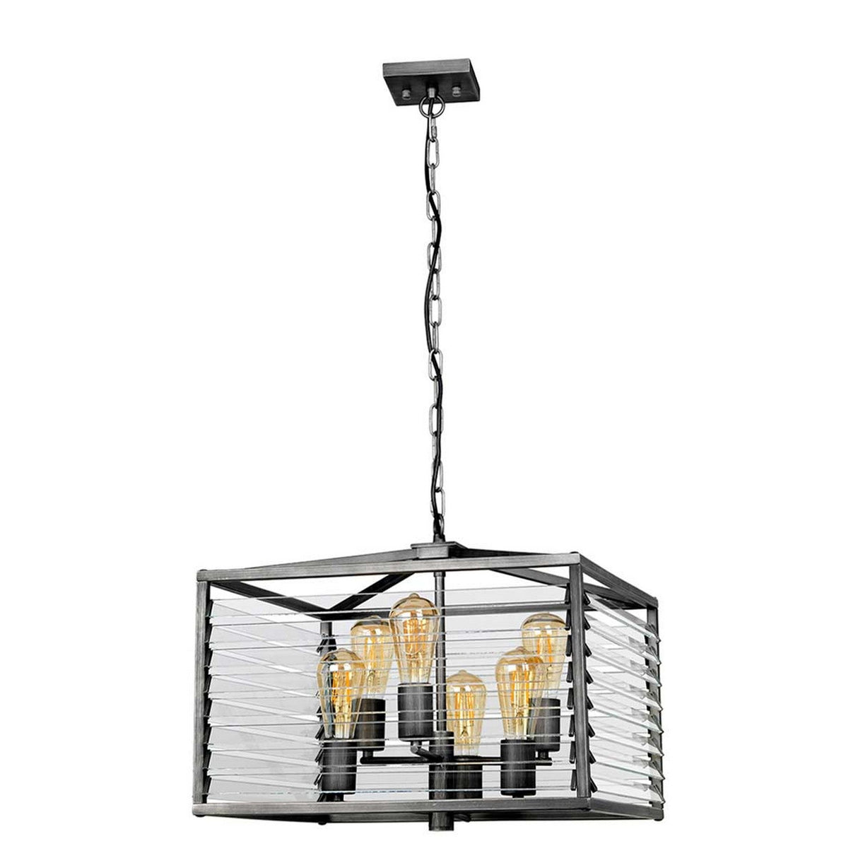 The Louvre 6 Light Chandelier exudes a modern industrial aesthetic with vintage charm, featuring a black metal frame with a geometric design. It showcases six exposed Edison bulbs and a striking graphite finish, all elegantly suspended from a chain.