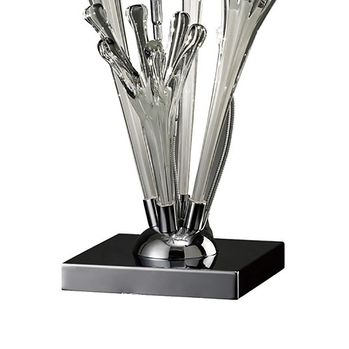 The Love 3 Light Table Lamp features polished chrome and white glass, with three hand-crafted glass rods in a fan pattern emerging from a chrome base on a square black platform.