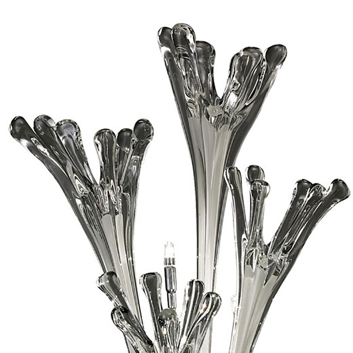 The Love 3 Light Table Lamp features polished chrome with white glass in elegant, elongated forms that resemble abstract flowers, beautifully grouped and fanned out for a striking look against a white background.