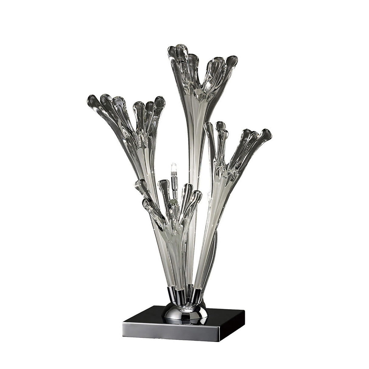 The Love 3 Light Table Lamp features polished chrome and white glass, with hand-crafted glass pieces fanning upward from a sleek square base, evoking abstract petals or modern organic forms.