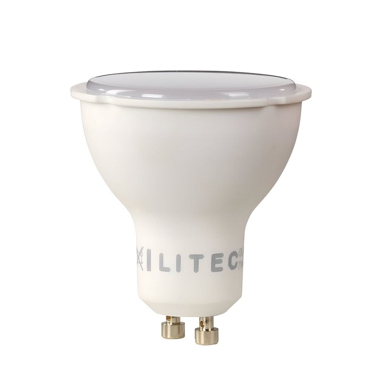 The Litec 8W Dimmable LED Bulb with a GU10 base offers excellent energy efficiency with its warm white light at 3000K. The cylindrical bulb has a rounded top, and the brand name is elegantly displayed on its side against a simple white backdrop.