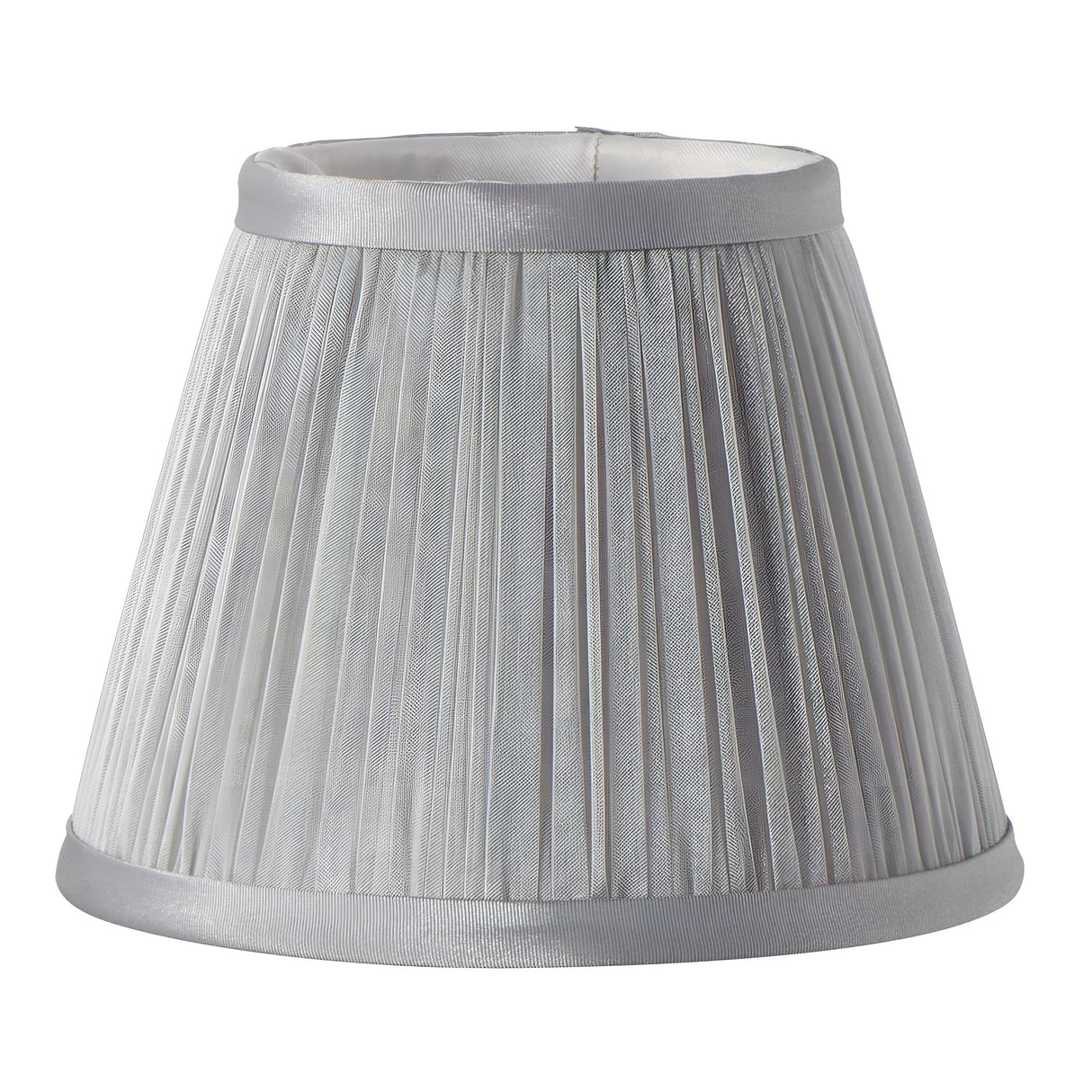 The Clip Shades Pleated Grey Chiffon Candle Shade features a conical design with satin-like trimming at the top and bottom edges, offering a smooth, shiny finish that elegantly reflects light. It fits effortlessly as a clip-on candle shade.