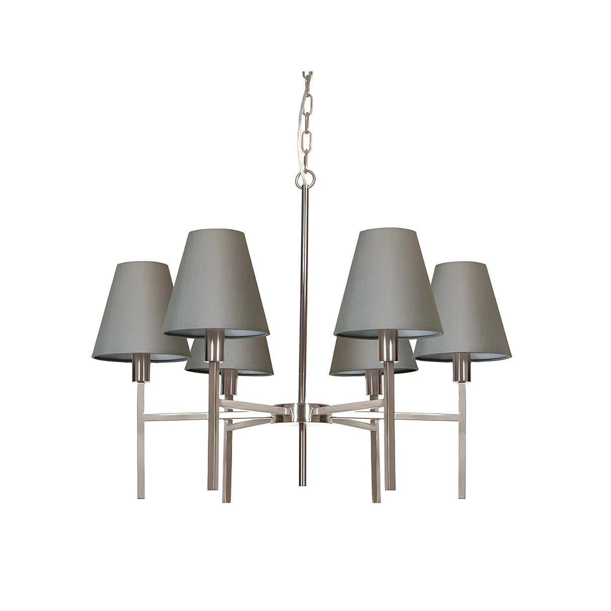 The Lucerne 6 Light Chandelier - Brushed Nickel With Grey Shade features an elegant design with six grey fabric shades arranged in a circular layout. These shades are supported by a brushed nickel frame and enhanced by silver rods and a central rod that extends to a chain for hanging.