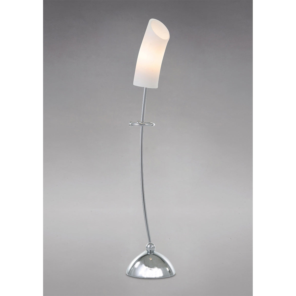 The Lucia 1 Light Table Lamp features a curved polished chrome stand, round metallic base, and frosted glass shade, delivering contemporary style and lighting to any space against a plain gray background.