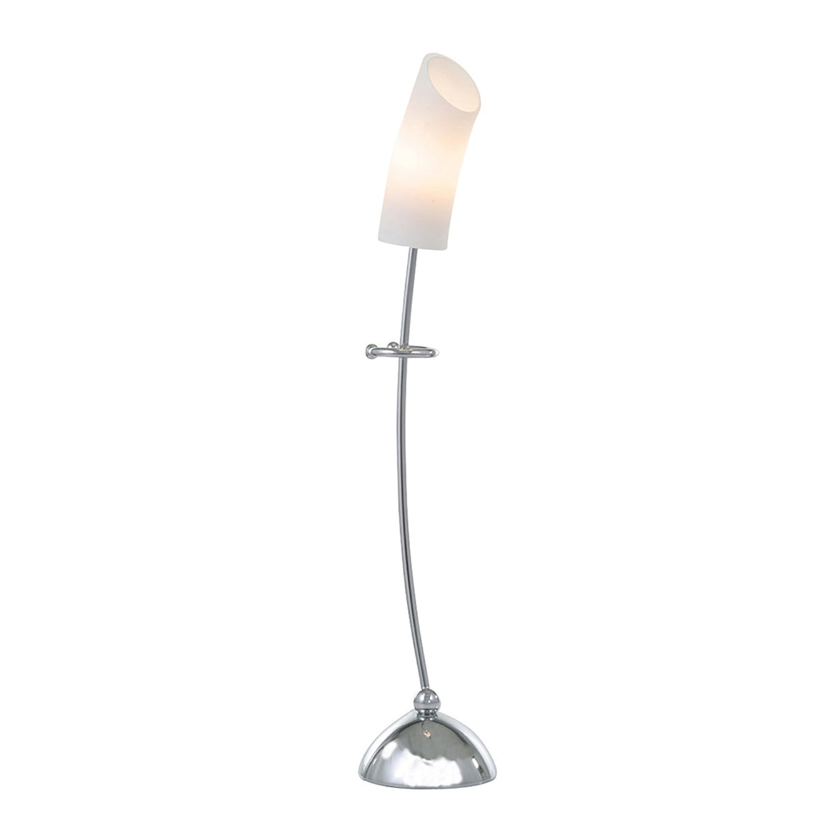 The Lucia 1 Light Table Lamp features a polished chrome curved stem, a round base, and a slightly tilted white frosted glass shade. When switched on, it emits a soft glow—ideal for modern or contemporary spaces.