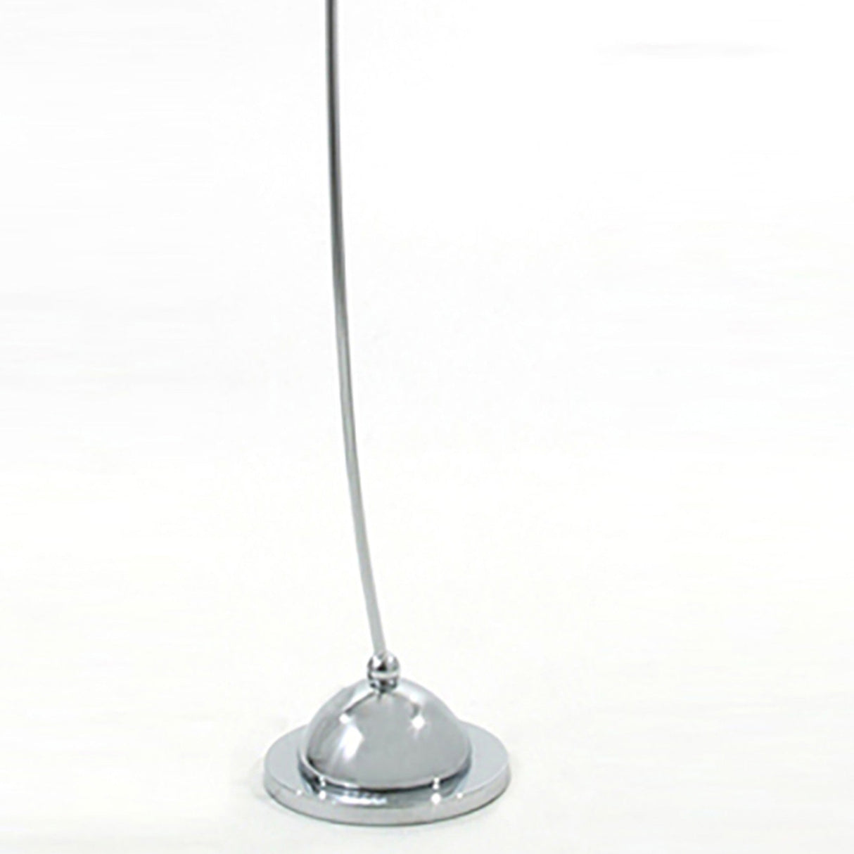 The Lucia 1 Light Frosted Glass Floor Lamp features a shiny, polished chrome dome-shaped base with a slender rod extending upward, standing elegantly against a plain white background.