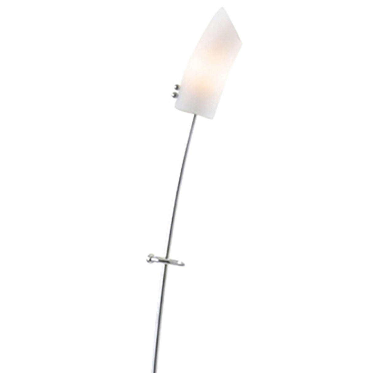 The Lucia 1 Light Frosted Glass Floor Lamp features a slim, curved polished chrome stand and an angled frosted glass shade, offering modern style and softly diffused dimmable light.