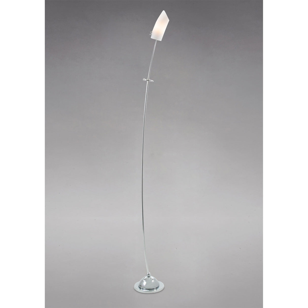 The Lucia 1 Light Frosted Glass Floor Lamp features a slim, curved polished chrome stand and a flame-shaped frosted glass shade, displayed against a plain gray background.