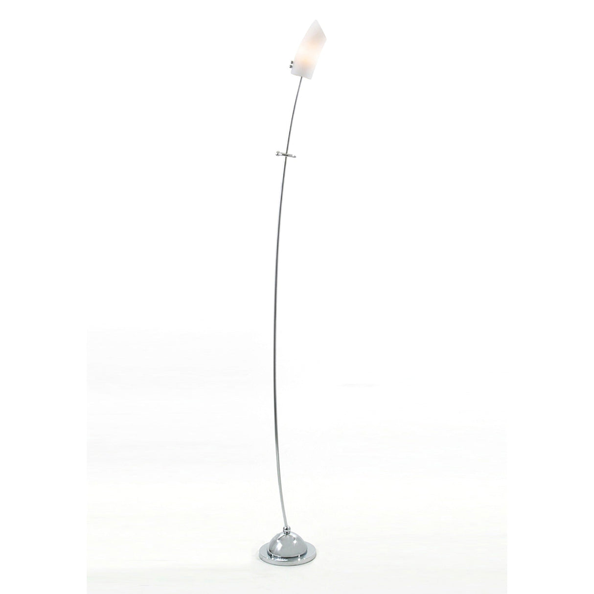 The Lucia 1 Light Frosted Glass Floor Lamp in polished chrome features a dimmable curved metal stand, frosted glass shade, and round base, shown here against a plain white background.